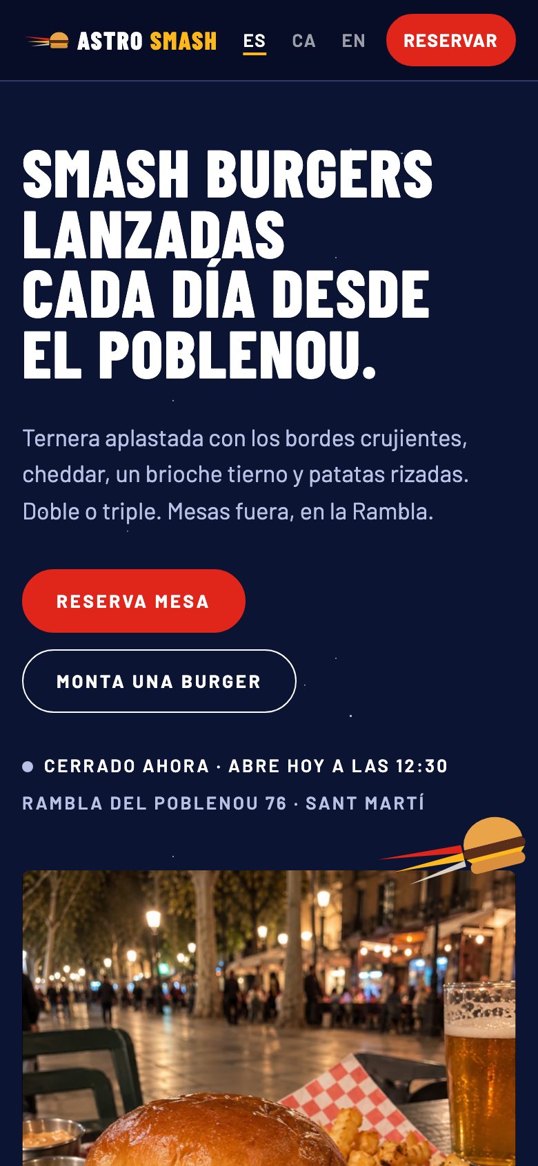 Astro Smash Burger concept website on a phone